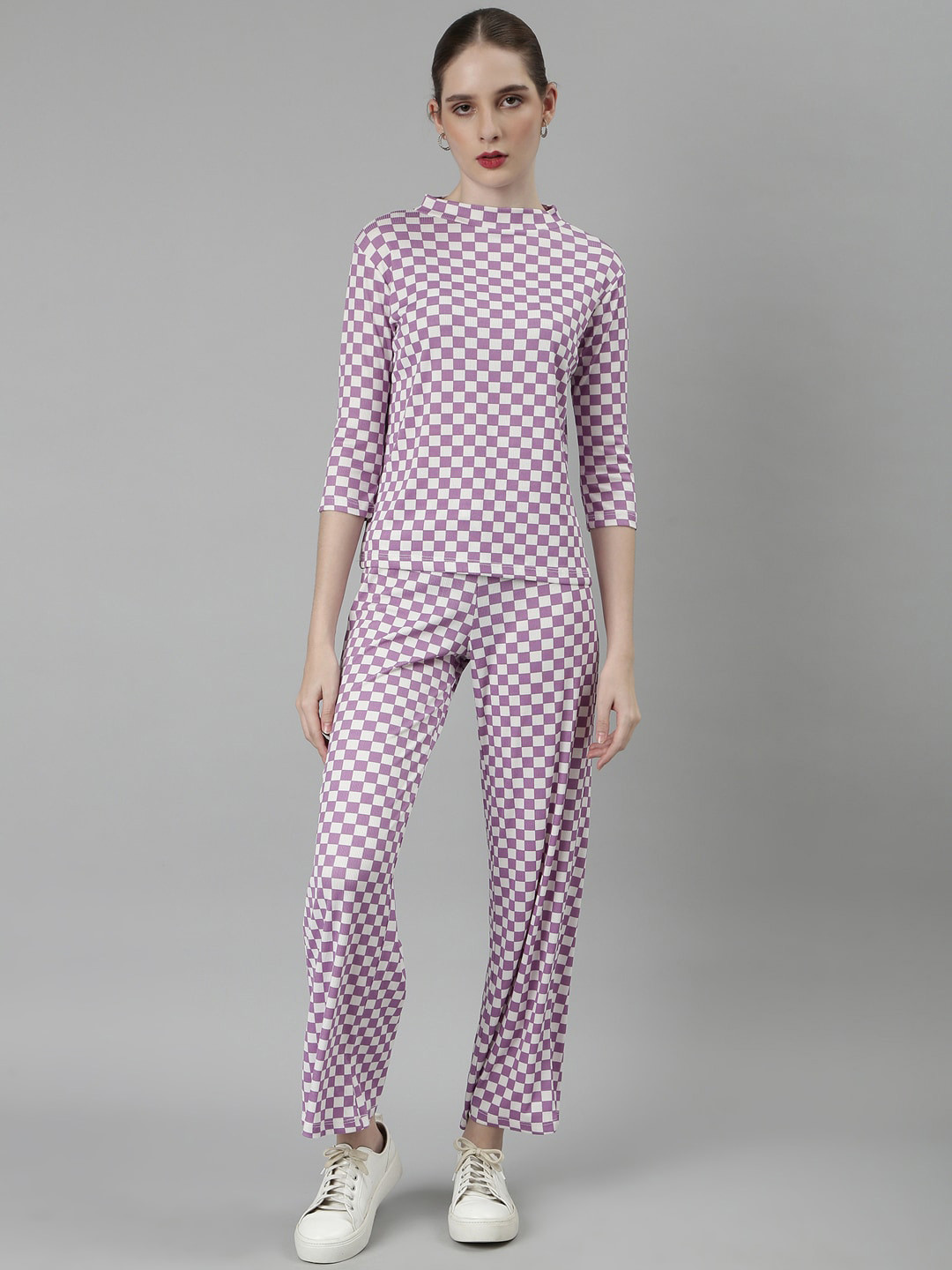 SHOWOFF Checked High Neck Top With Trousers