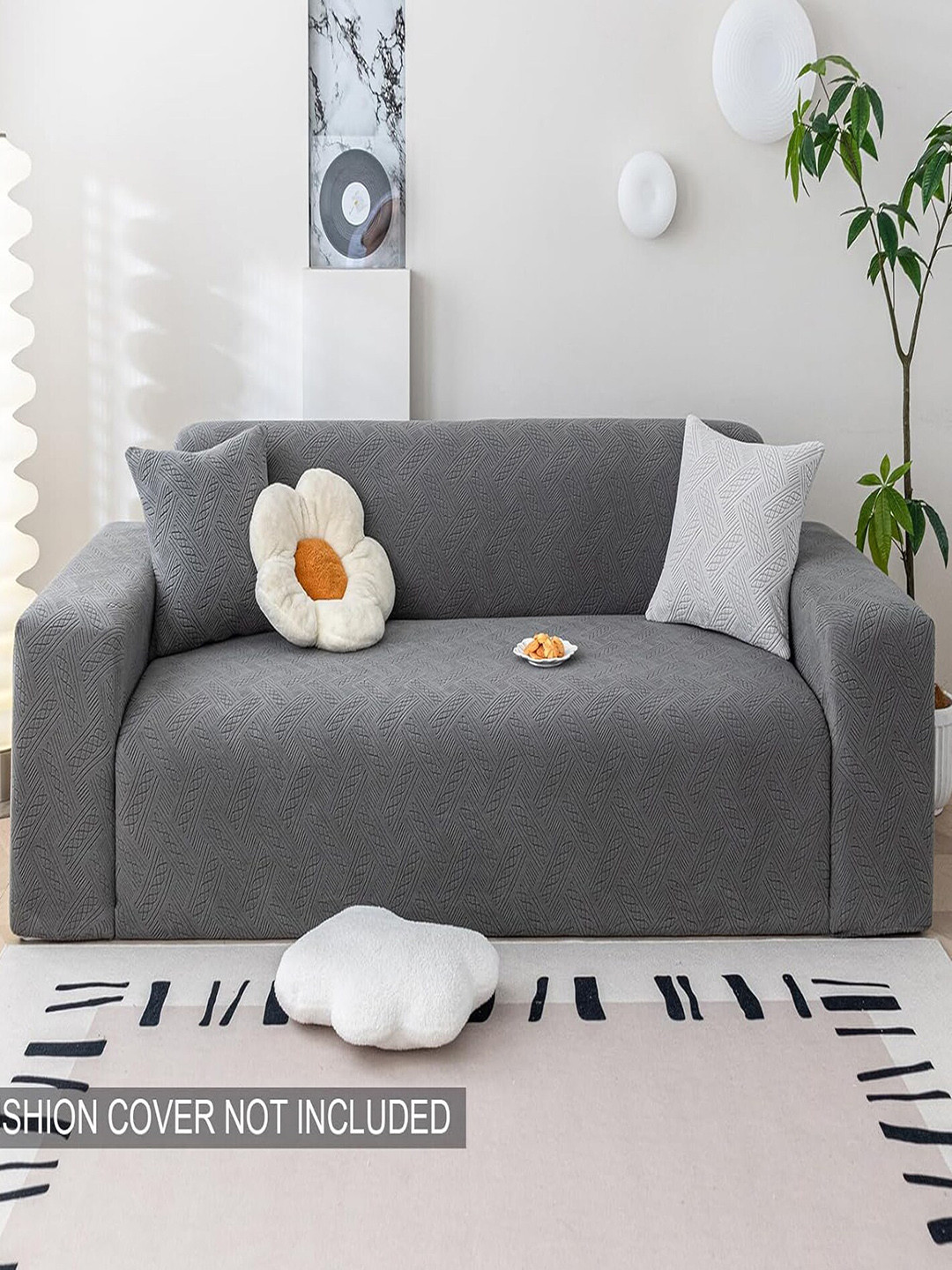 HOUSE OF QUIRK Grey Textured Jacquard Flexible Stretch 4 Seater Sofa Cover