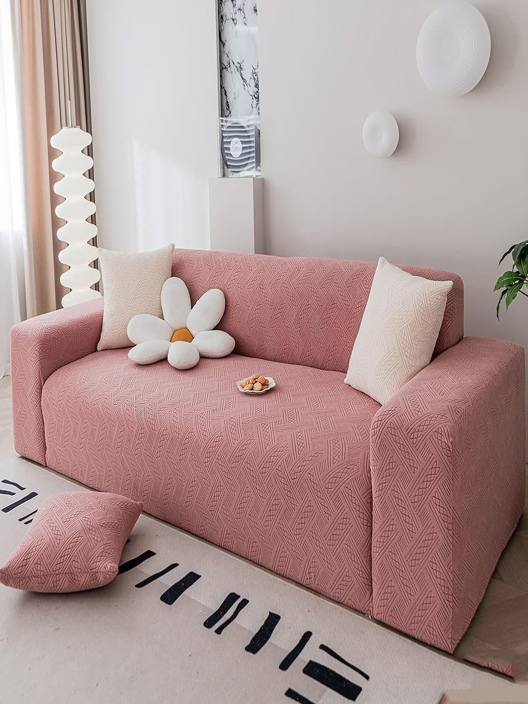 HOUSE OF QUIRK Pink Self-Design Jacquard Single Seater Sofa Covers