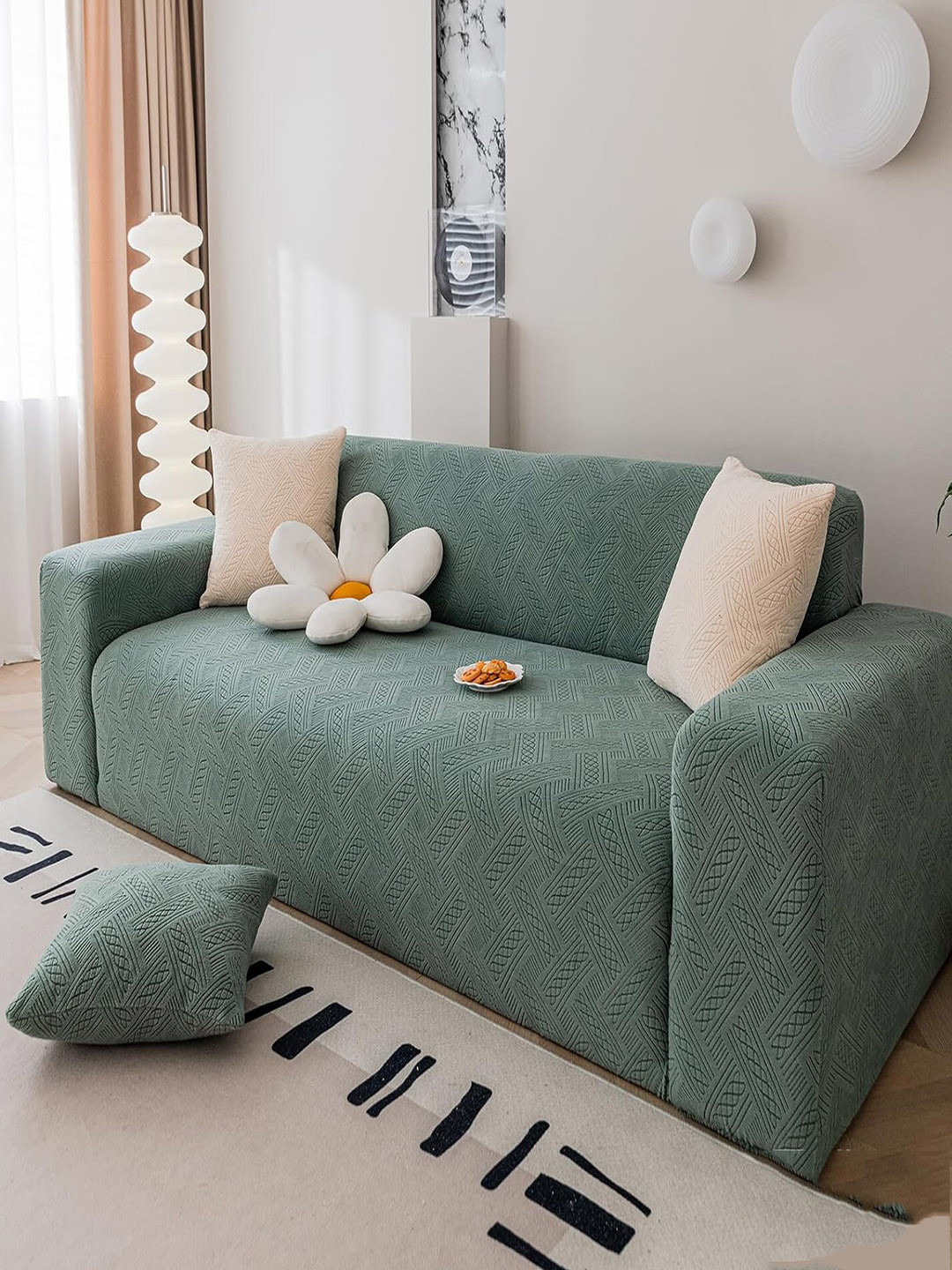 HOUSE OF QUIRK Green Jacquard Self-Design Stretchable Two Seater Sofa Cover