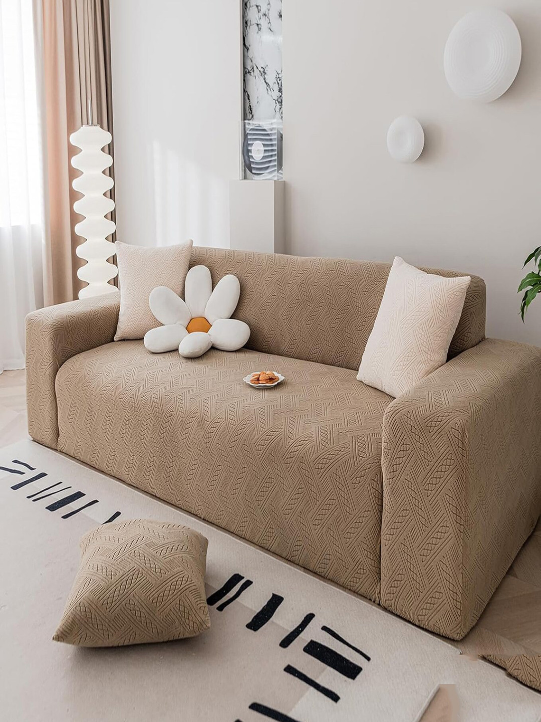 HOUSE OF QUIRK Brown Textured  Jacquard Flexible Stretch Single Seater Sofa Cover