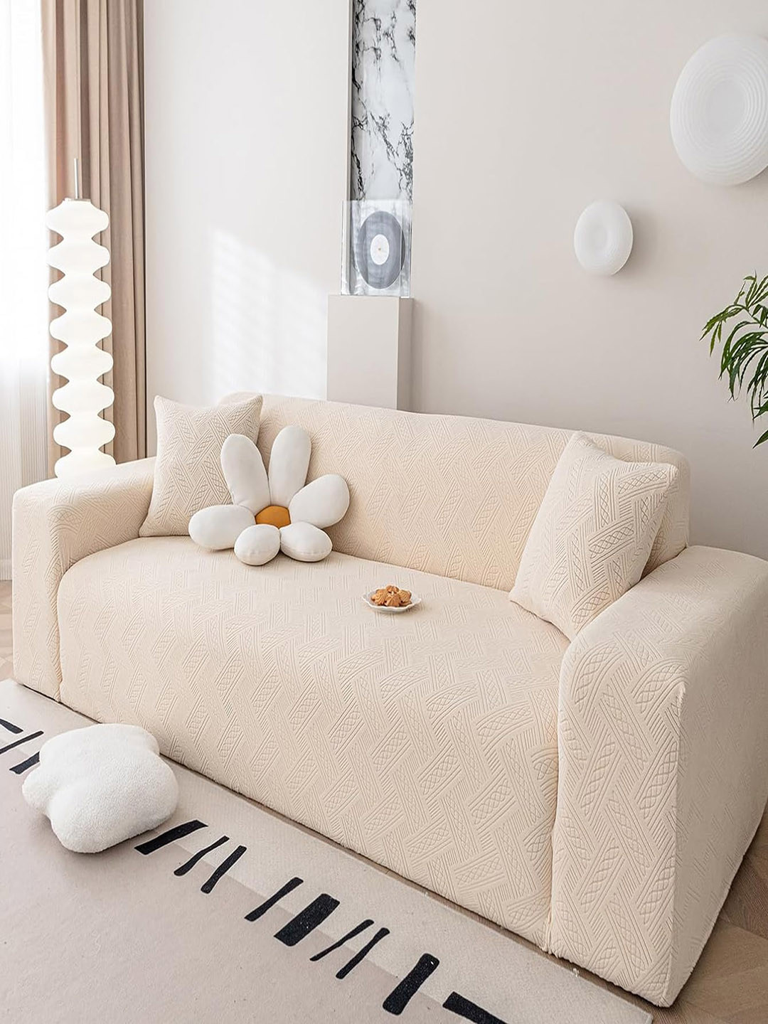 HOUSE OF QUIRK Beige Striped  Jacquard Flexible Stretch Single Seater Sofa Cover