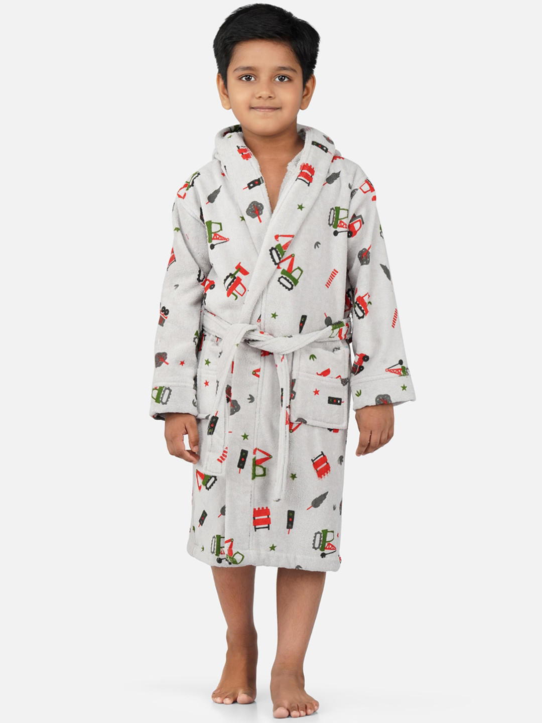 RANGOLI Tractor-Theme, 400 GSM Grey Conversational Cotton Drawstring Midi Bath Robe-13-14Y