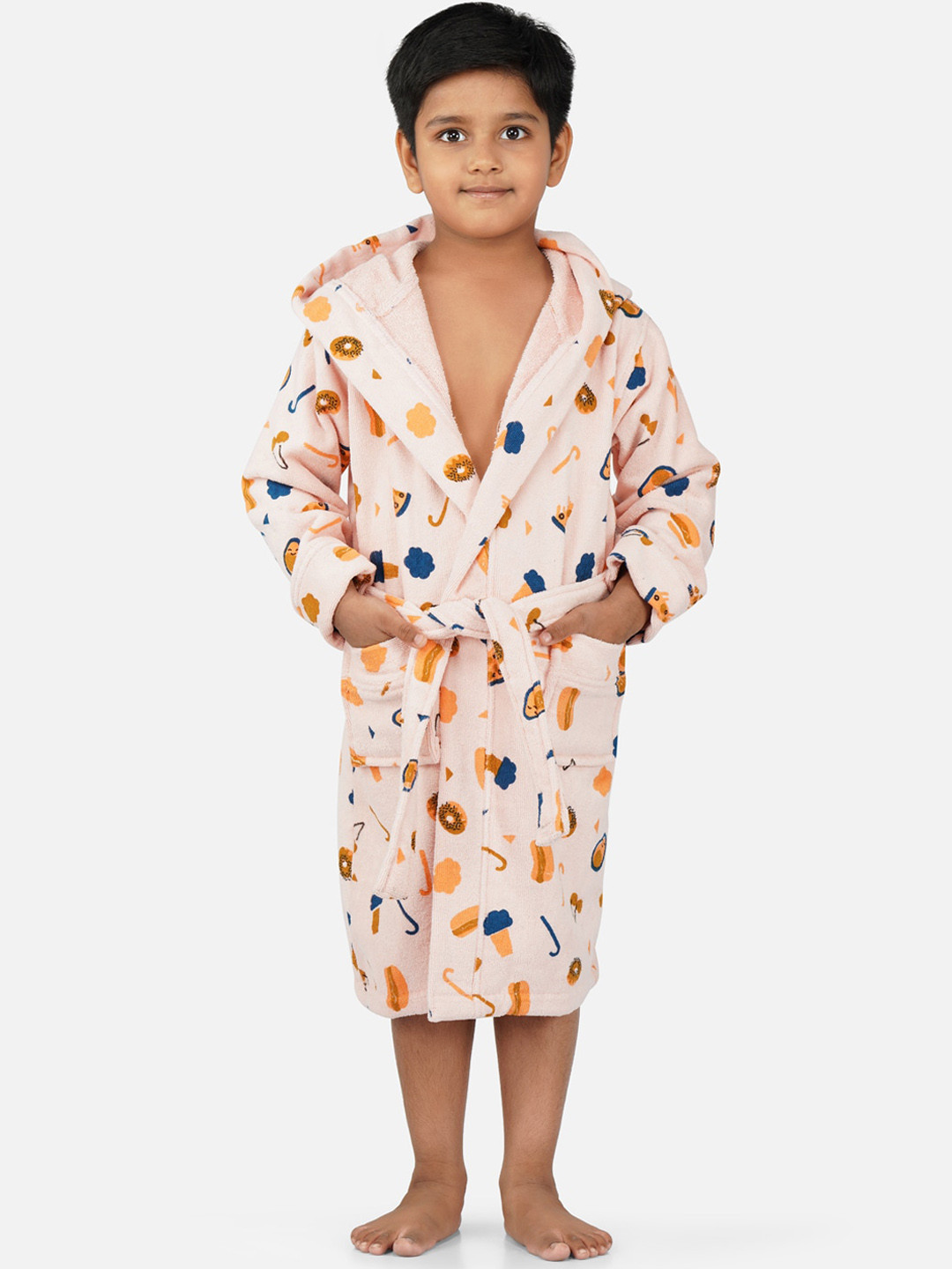 RANGOLI Pizza-Theme, 400 GSM Peach Conversational Cotton Drawstring Midi Bath Robe-9-10Y