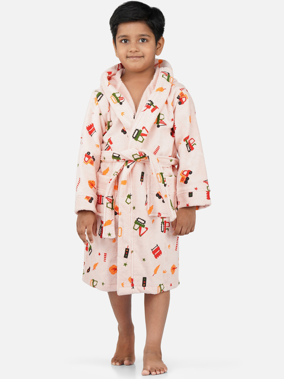 RANGOLI Tractor-Theme, 400 GSM Peach Conversational Cotton Drawstring Midi Bath Robe-7-8Y