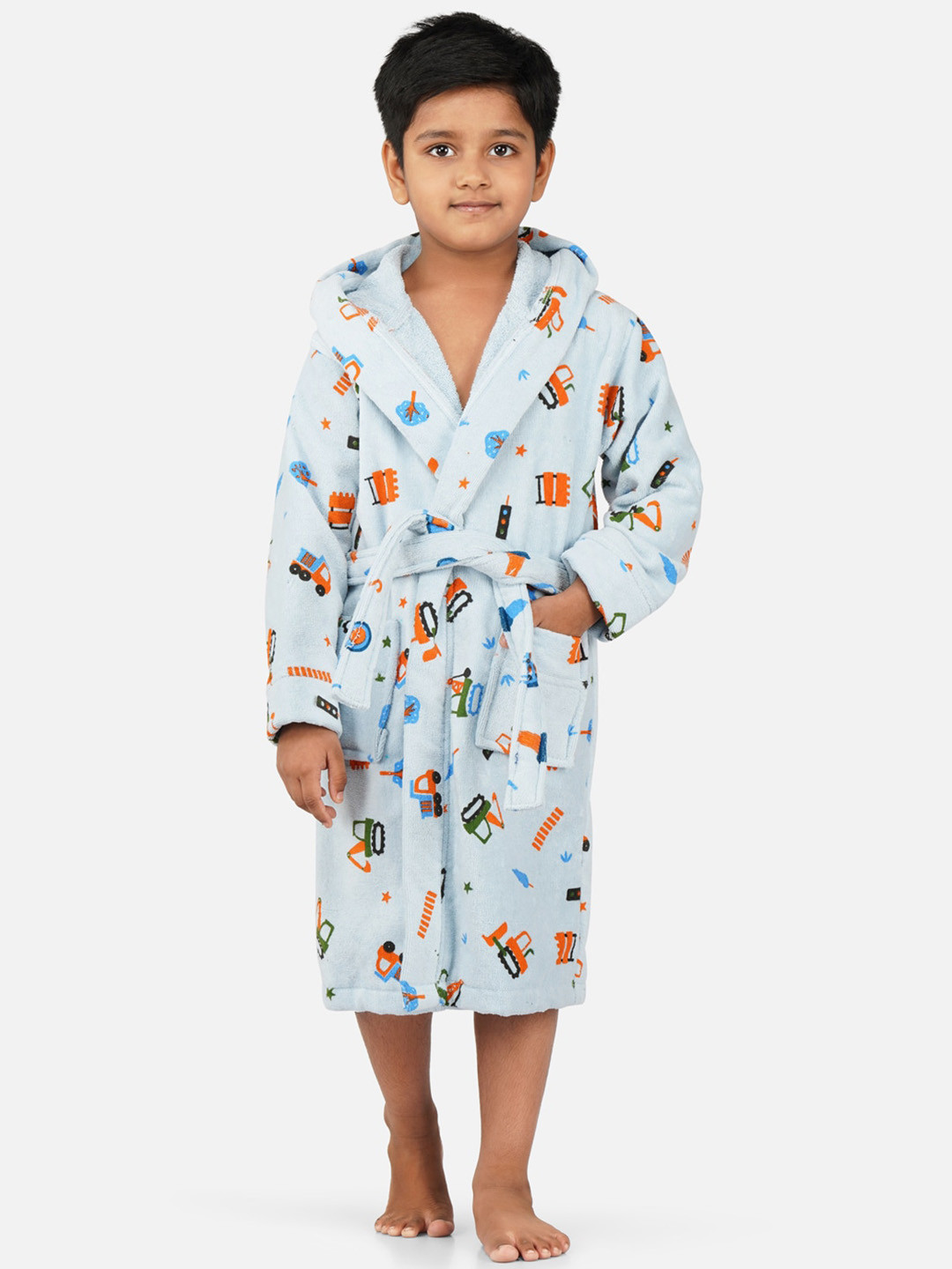 RANGOLI Tractor-Theme, 400 GSM Blue Conversational Cotton Drawstring Midi Bath Robe-5-6Y