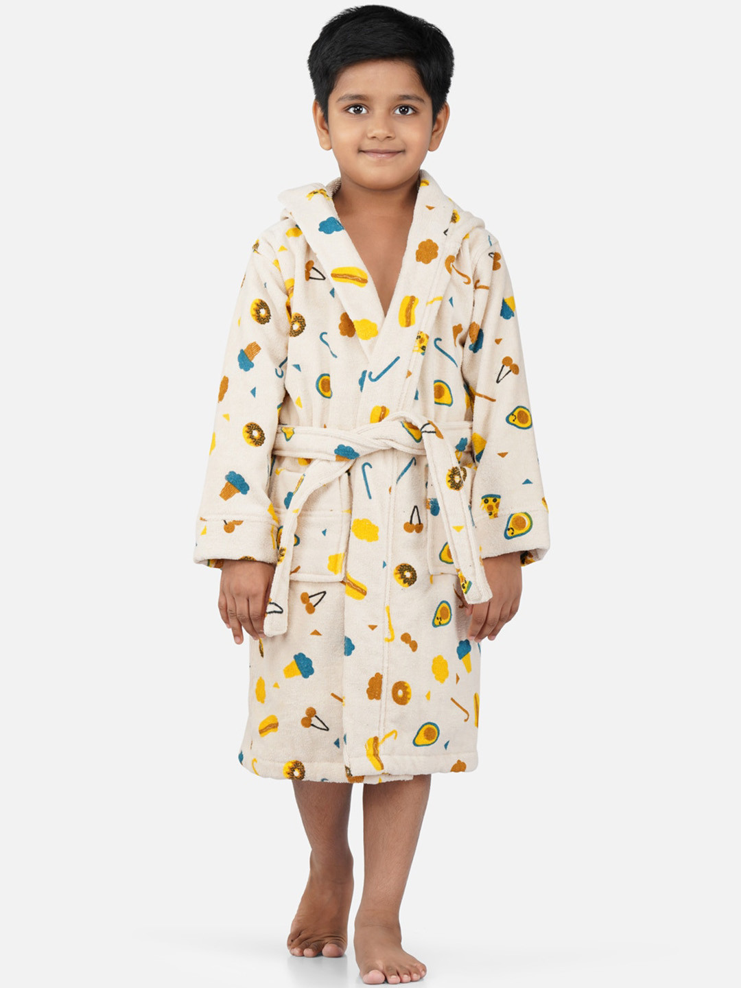 RANGOLI Pizza-Theme, 400 GSM Beige Conversational Cotton Drawstring Midi Bath Robe-9-10Y