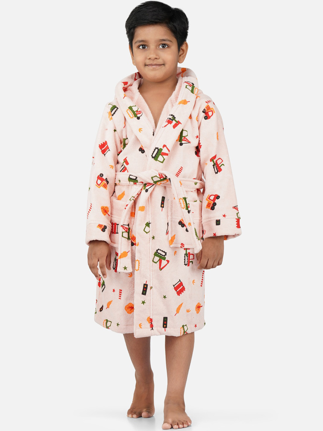 RANGOLI Tractor-Theme, 400 GSM Peach Conversational Cotton Drawstring Midi Bath Robe-9-10Y