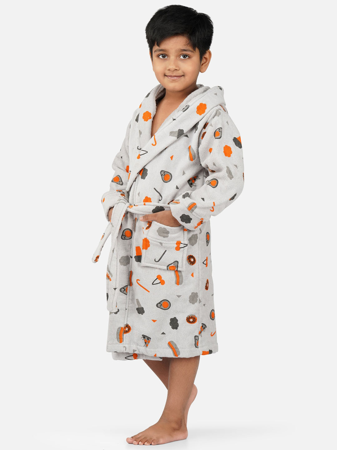 RANGOLI Pizza-Theme, 400 GSM Grey Conversational Cotton Drawstring Midi Bath Robe-3-4Y