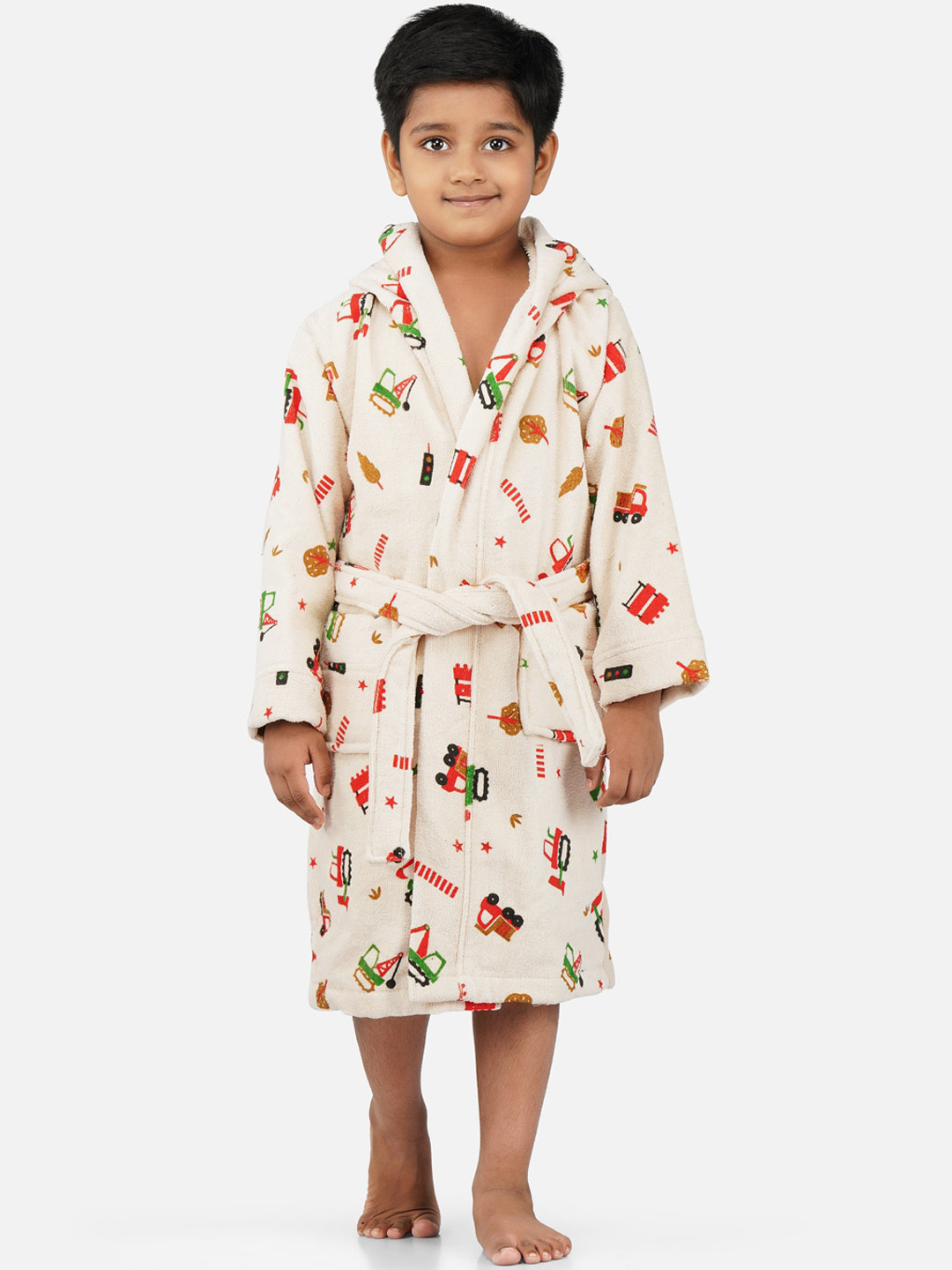 RANGOLI Tractor-Theme Beige Cotton Drawstring Midi Bath Robe-13-14Y