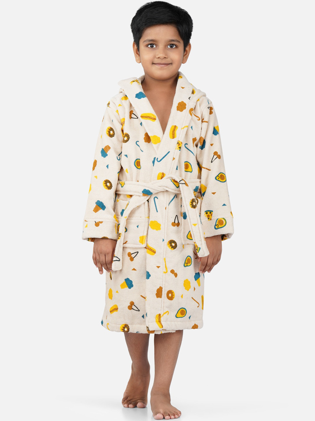 RANGOLI Pizza-Theme Off White Cotton Drawstring Midi Bath Robe-3-4Y