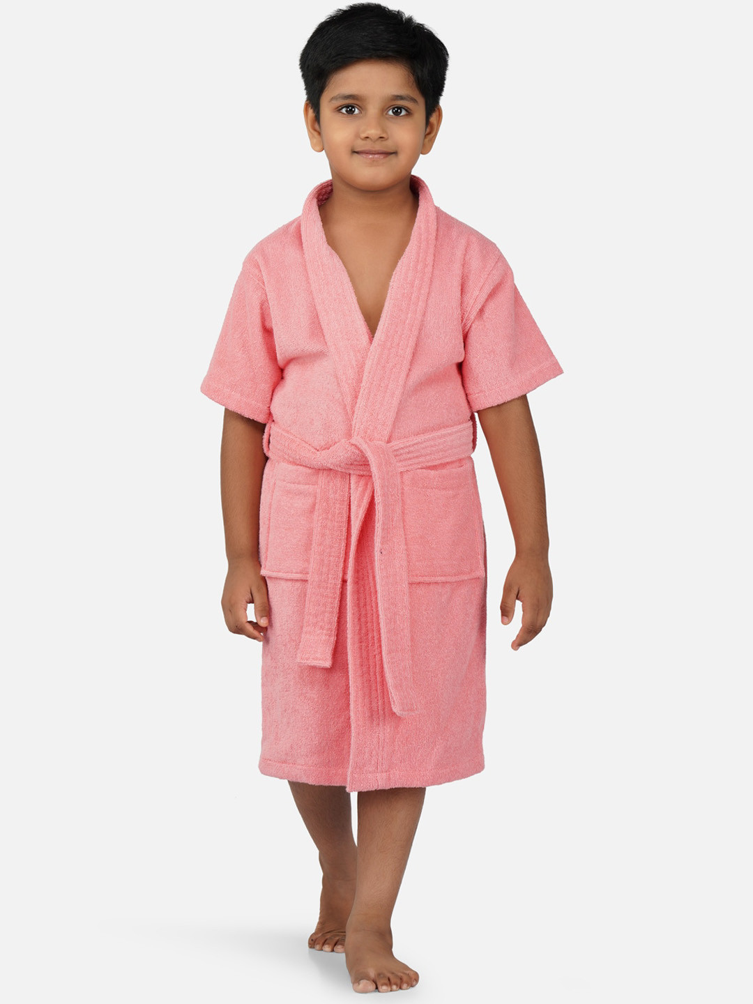 RANGOLI Mini Noble, 400 GSM Peach Solid Cotton Drawstring Midi Bath Robe-7-8Y