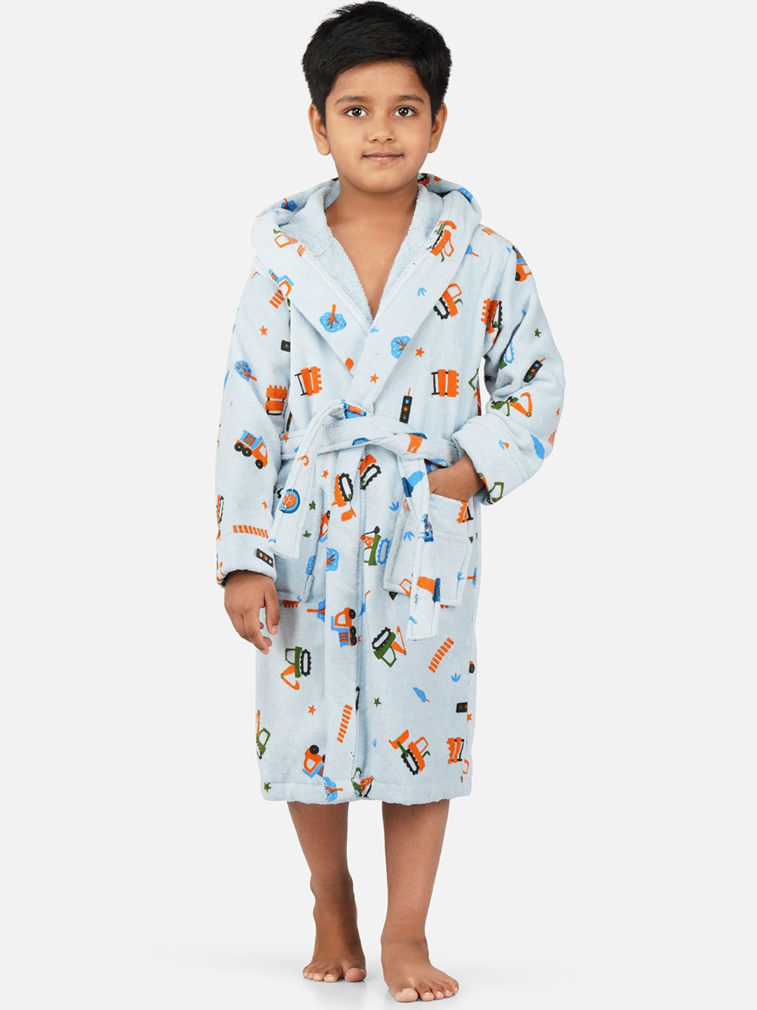 RANGOLI Tractor-Theme, 400 GSM Blue Conversational Cotton Drawstring Midi Bath Robe-7-8Y