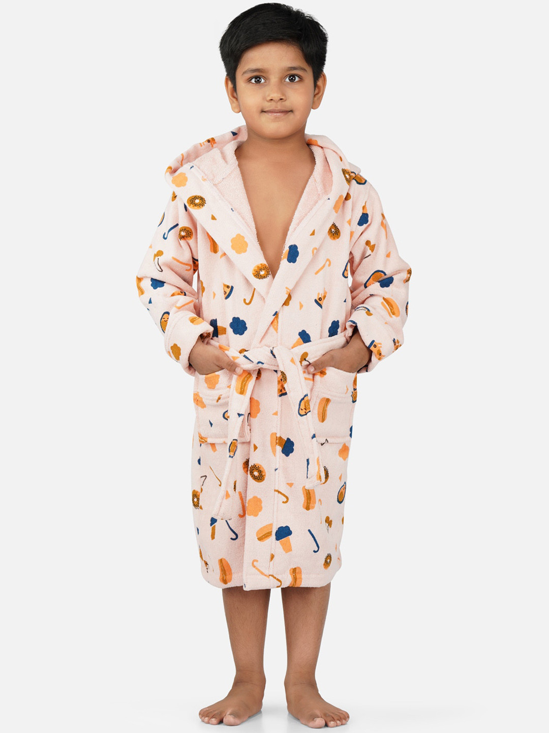 RANGOLI Pizza-Theme, 400 GSM Peach Conversational Cotton Drawstring Midi Bath Robe-5-6Y