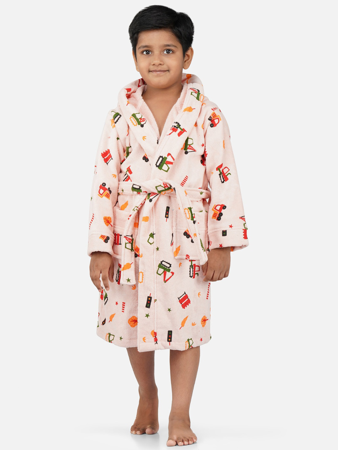 RANGOLI Tractor-Theme Peach Cotton Drawstring Midi Bath Robe-11-12Y