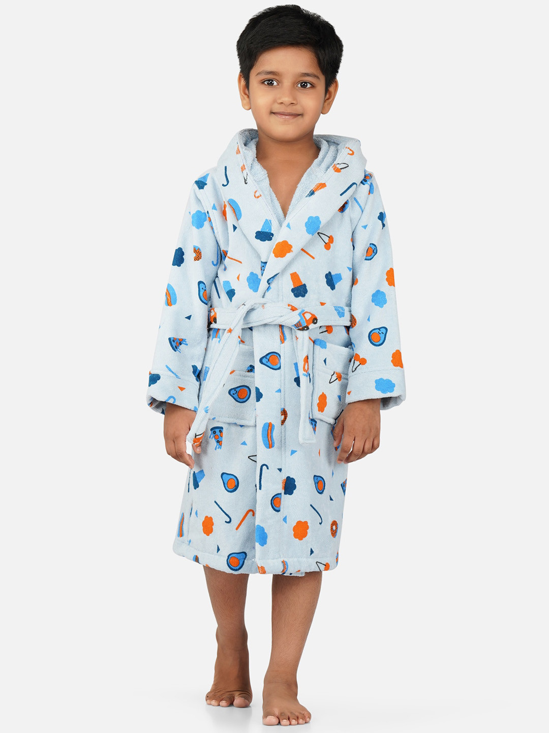 RANGOLI Pizza-Theme, 400 GSM Blue Conversational Cotton Drawstring Midi Bath Robe-9-10Y