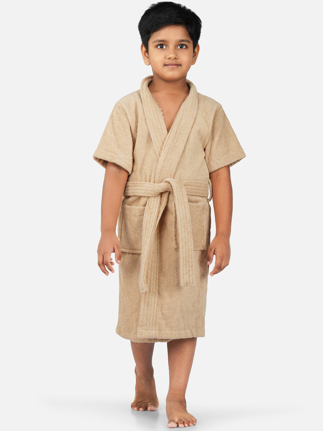 RANGOLI Mini Noble, 400 GSM Beige Solid Cotton Drawstring Midi Bath Robe-9-10Y