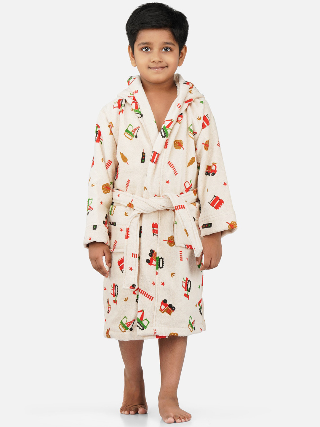 RANGOLI Tractor-Theme Beige Cotton Drawstring Midi Bath Robe-11-12Y