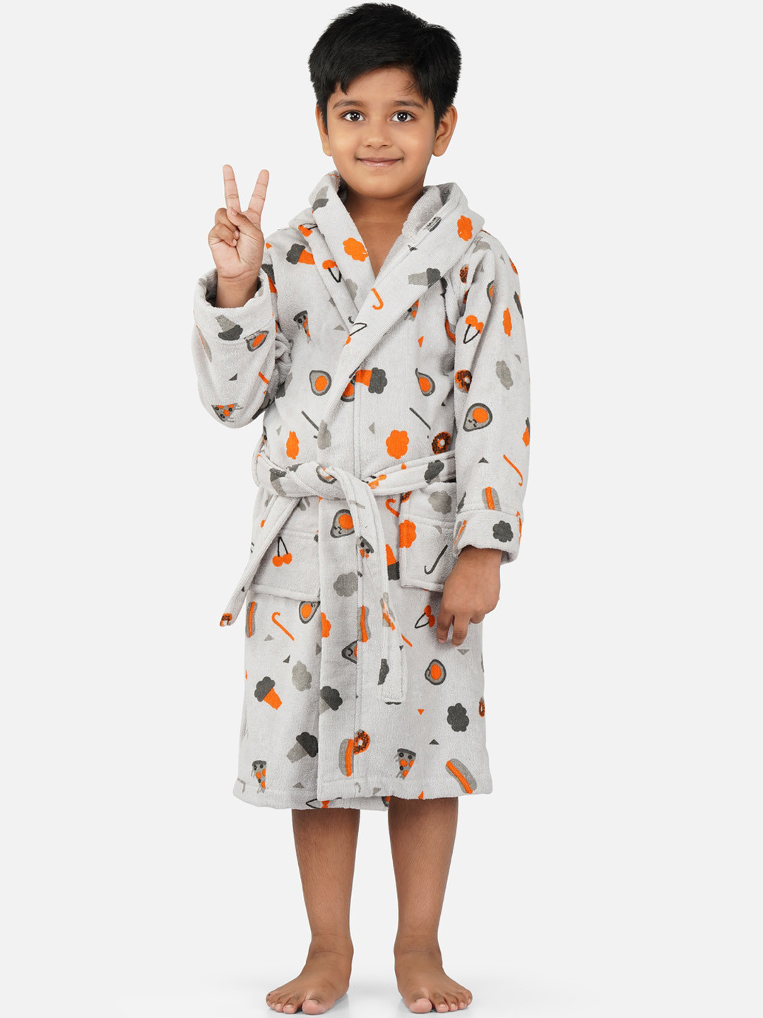RANGOLI Pizza-Theme, 400 GSM Grey Conversational Cotton Drawstring Midi Bath Robe-11-12Y