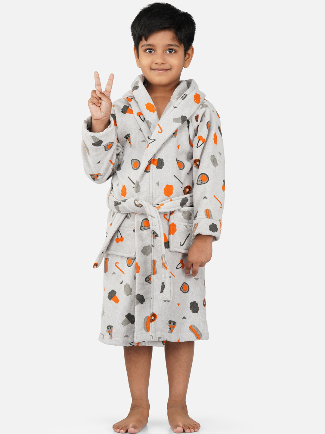 RANGOLI Pizza-Theme, 400 GSM Grey Conversational Cotton Drawstring Midi Bath Robe-5-6Y