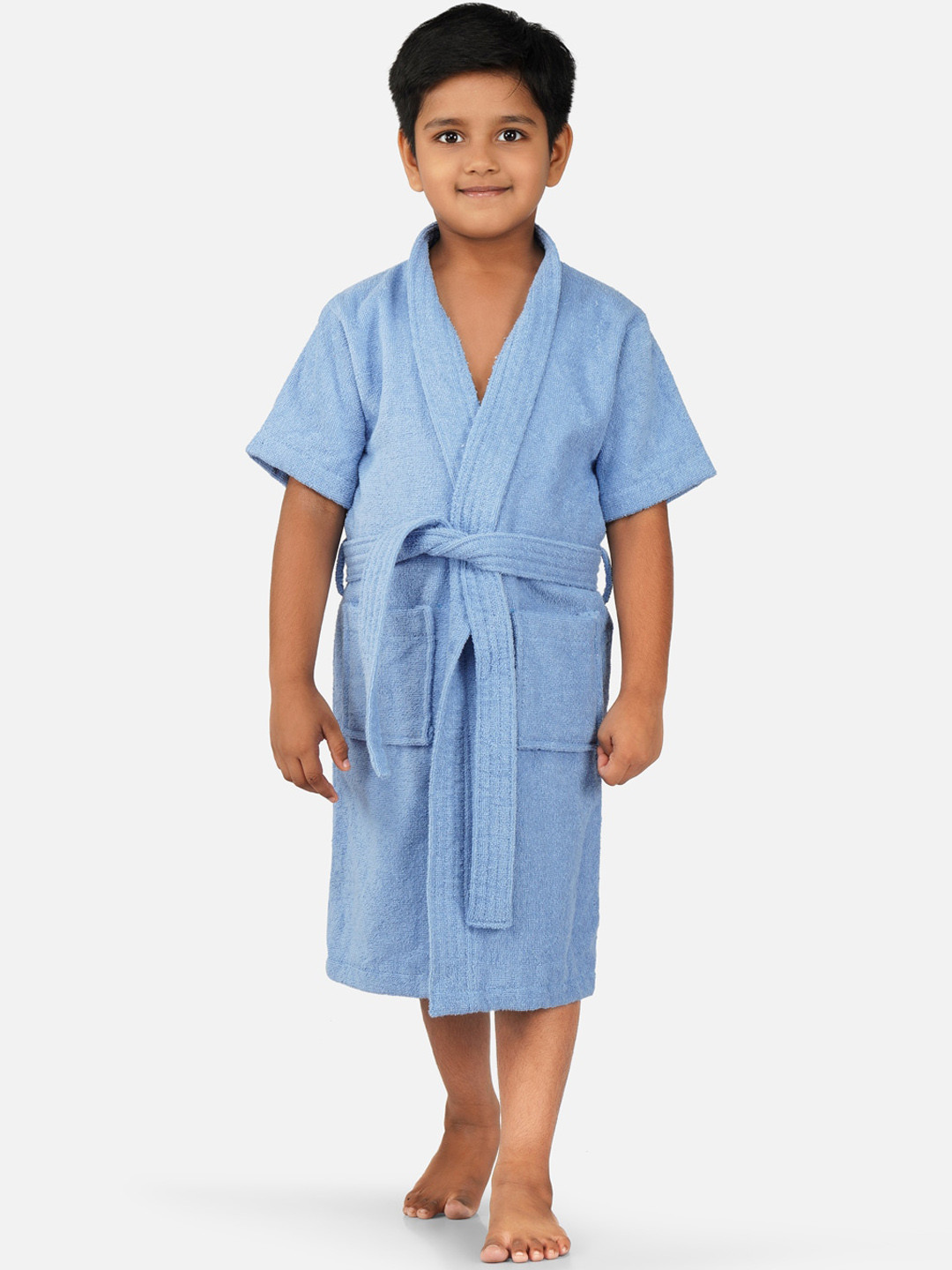 RANGOLI Mini Noble, 400 GSM Blue Solid Cotton Drawstring Midi Bath Robe-7-8Y