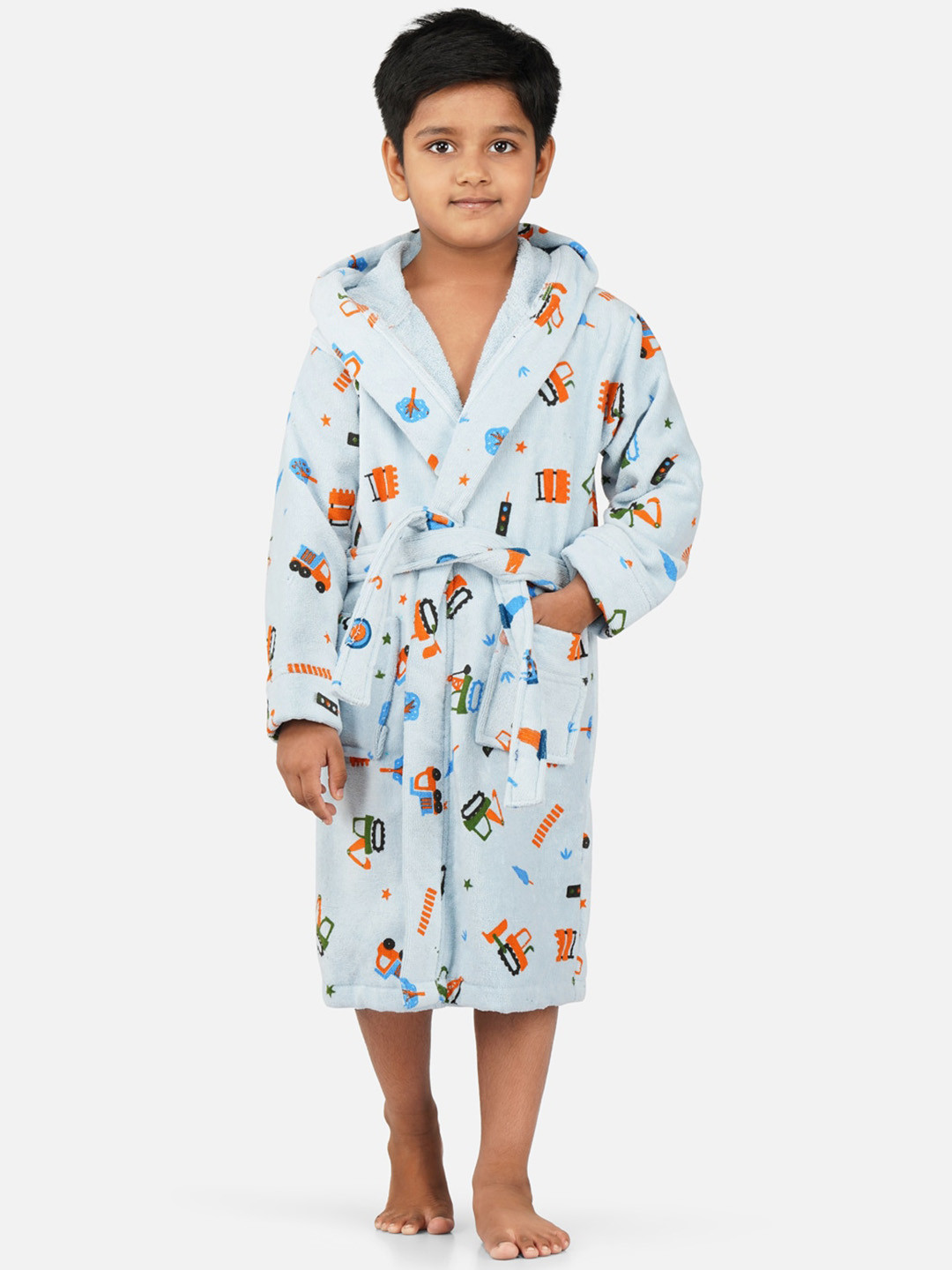 RANGOLI Tractor-Theme, 400 GSM Blue Conversational Cotton Drawstring Midi Bath Robe-13-14Y
