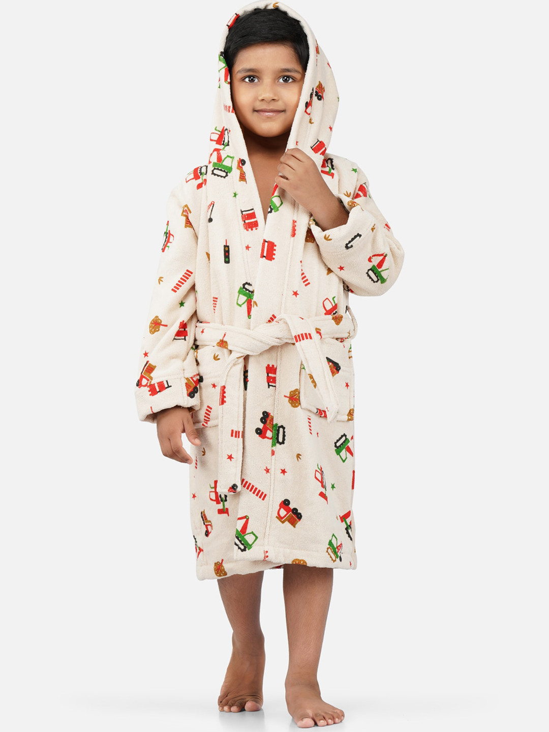 RANGOLI Tractor-Theme, 400 GSM Beige Conversational Cotton Drawstring Midi Bath Robe-3-4Y
