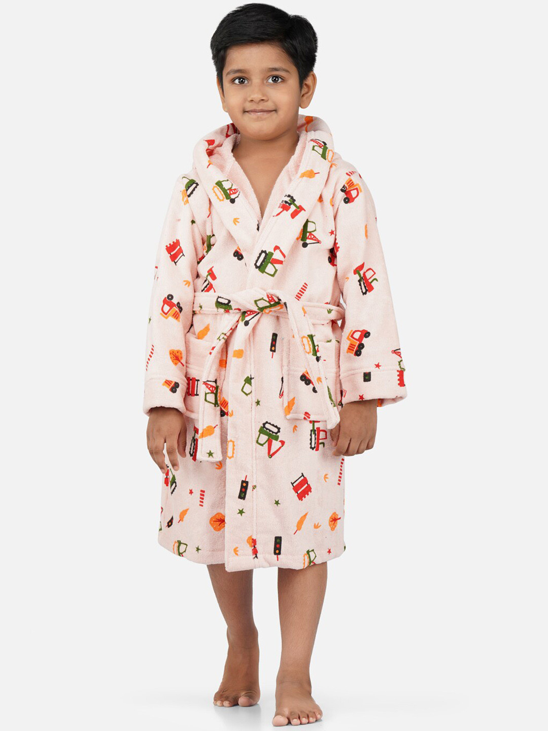 RANGOLI Tractor-Theme Peach Cotton Drawstring Midi Bath Robe-13-14Y