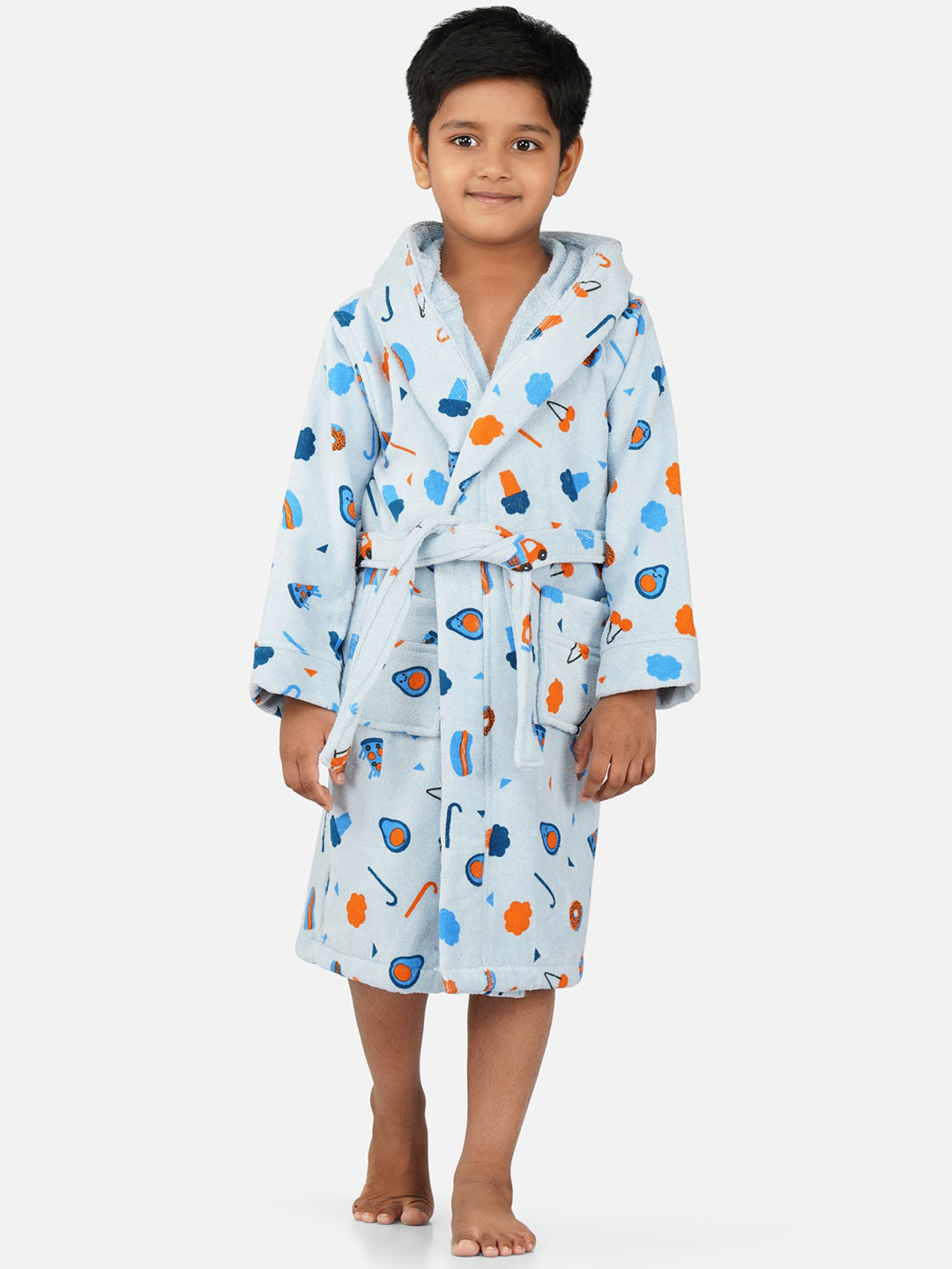 RANGOLI Pizza-Theme, 400 GSM Blue Conversational Cotton Drawstring Midi Bath Robe-11-12Y