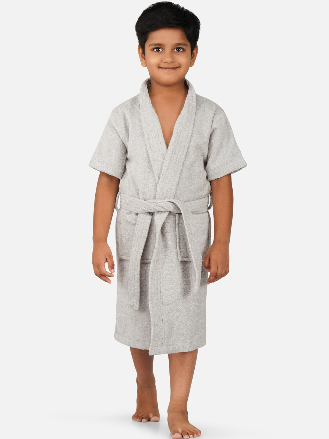 RANGOLI Mini Noble, 400 GSM Grey Solid Cotton Drawstring Midi Bath Robe-3-4Y