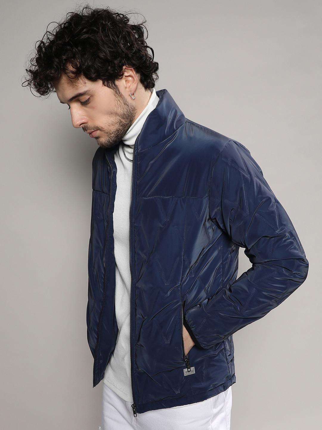 Campus Sutra Navy Blue Windcheater Biker Jacket