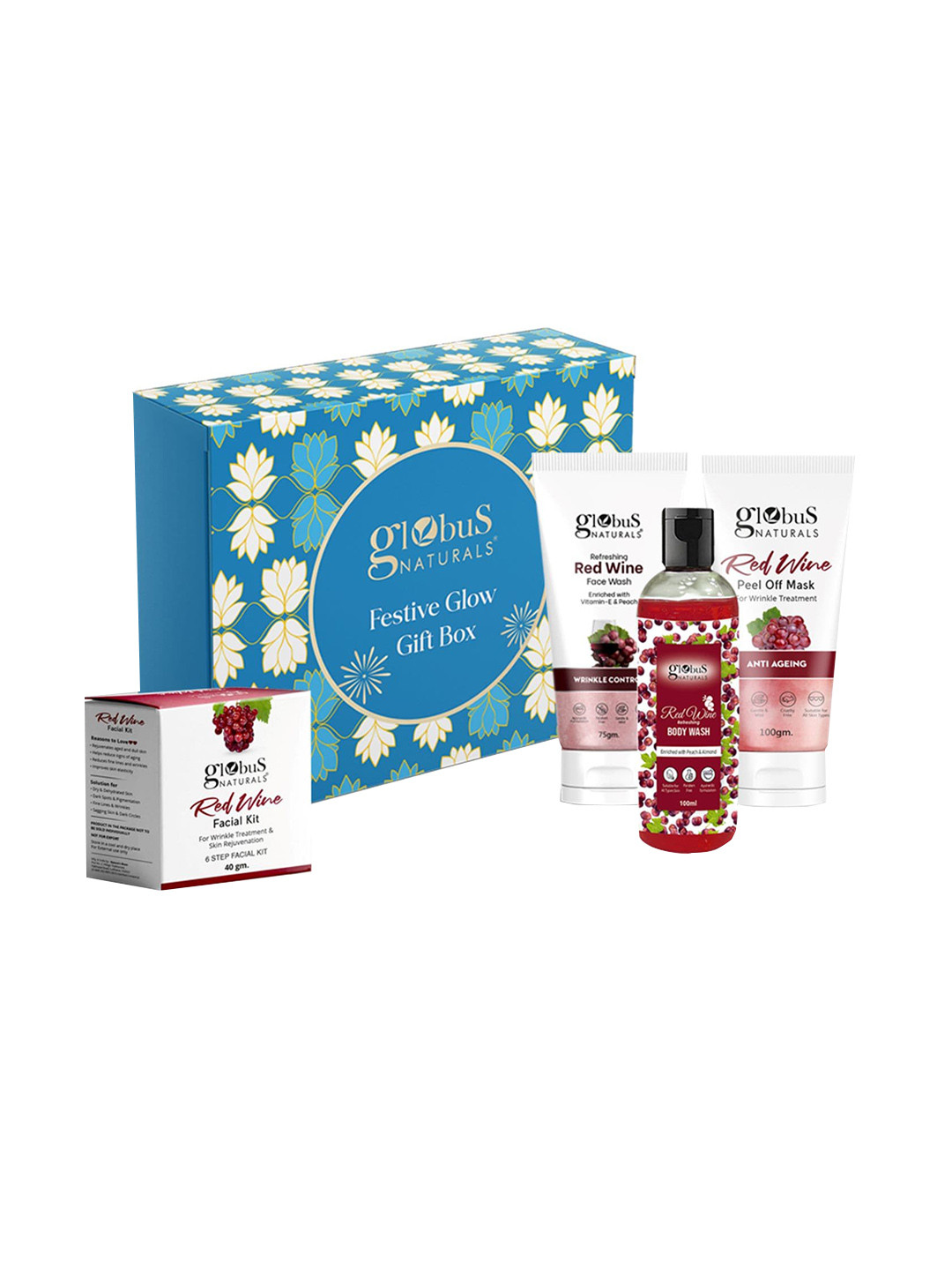 Globus naturals 4-Pcs Red Wine Face Wash-Peel Off Mask-Body Wash & Facial Kit Gift Set