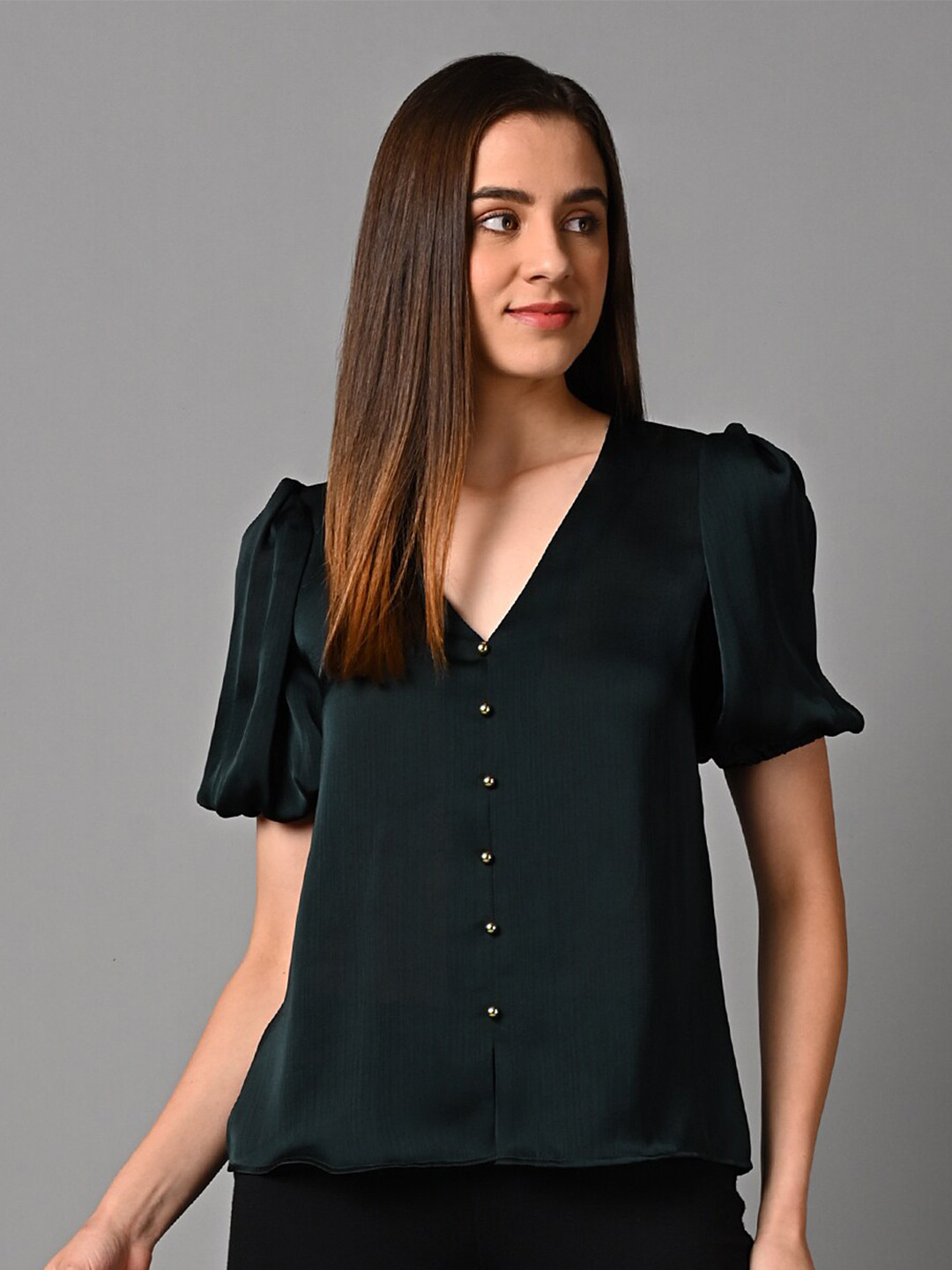 Justin Whyte V-Neck Puff Sleeves Chiffon Shirt Style Top