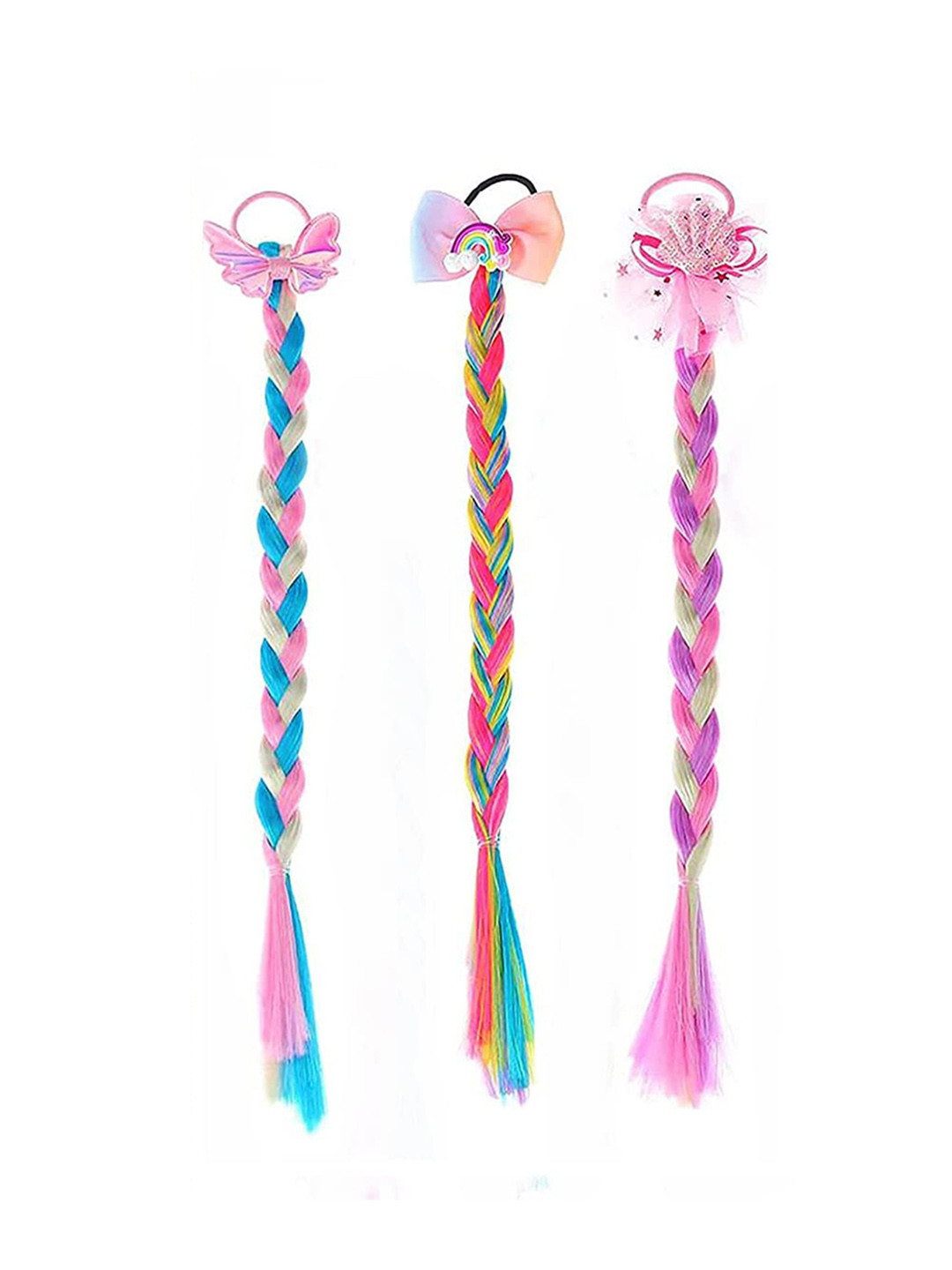 LYTIX Girls Set of 3 Colored Braids Hair Extensions with Rubber Bands