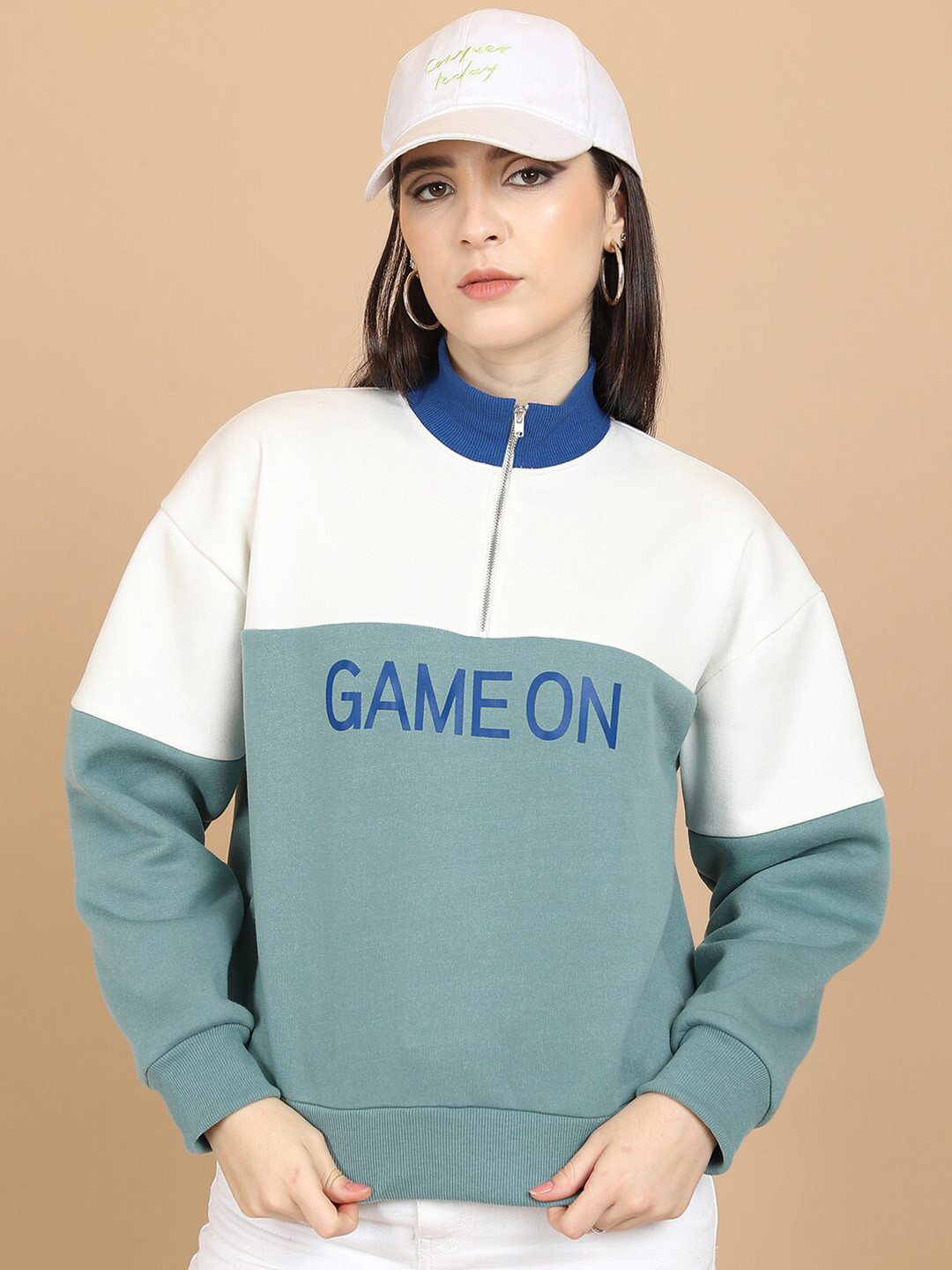 Tokyo Talkies Blue & White Colourblocked High Neck Relaxed Fit Pullover
