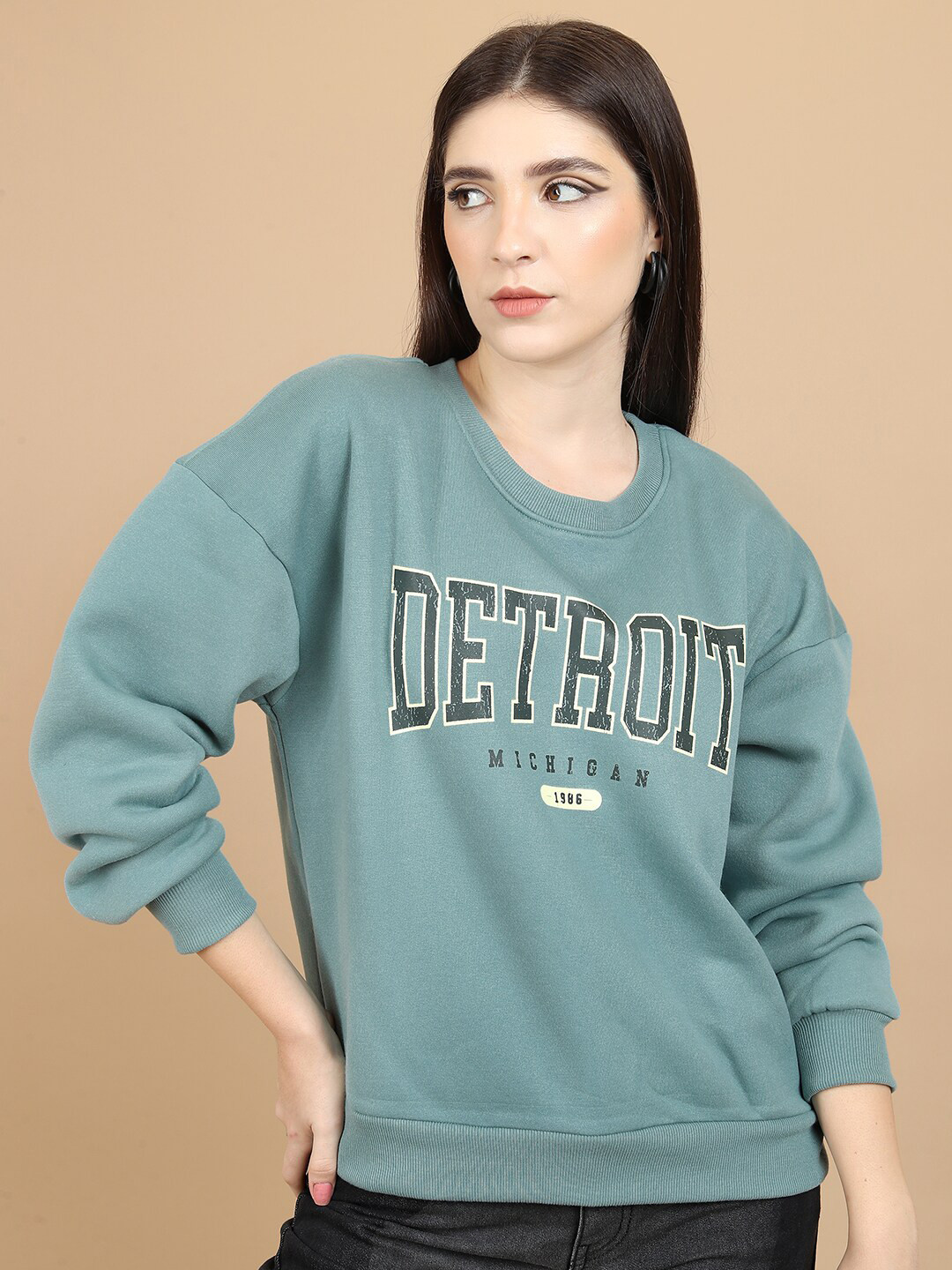 Tokyo Talkies Blue Typography Printed Oversized Pullover