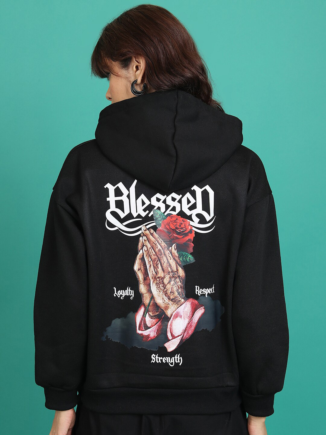 Tokyo Talkies Black Graphic Printed Hooded Pullover Sweatshirt