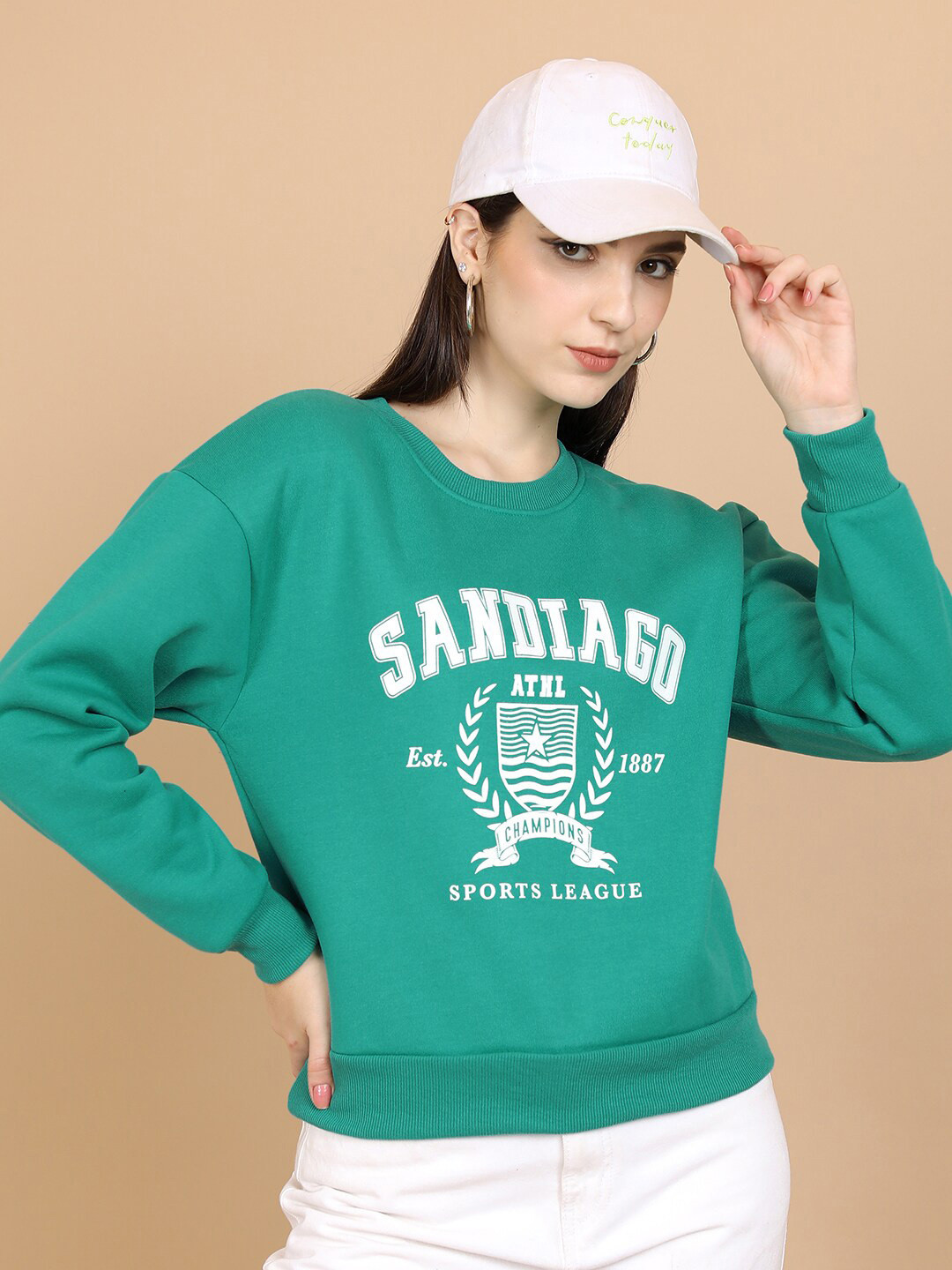 Tokyo Talkies Teal Typography Printed Pullover Sweatshirt
