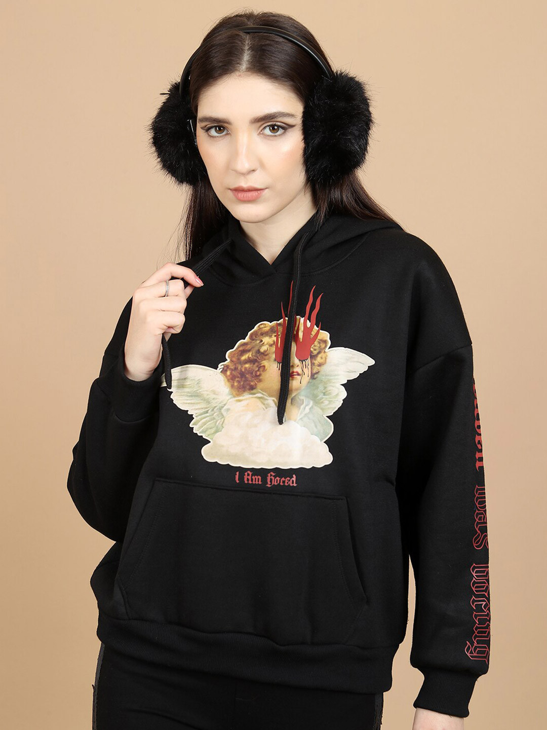 Tokyo Talkies Black Mall Goth Printed Oversized Hooded Pullover Sweatshirt