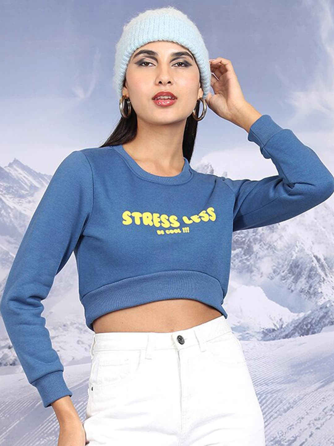 Tokyo Talkies Blue Typography Printed Long Sleeves Cropped Pullover