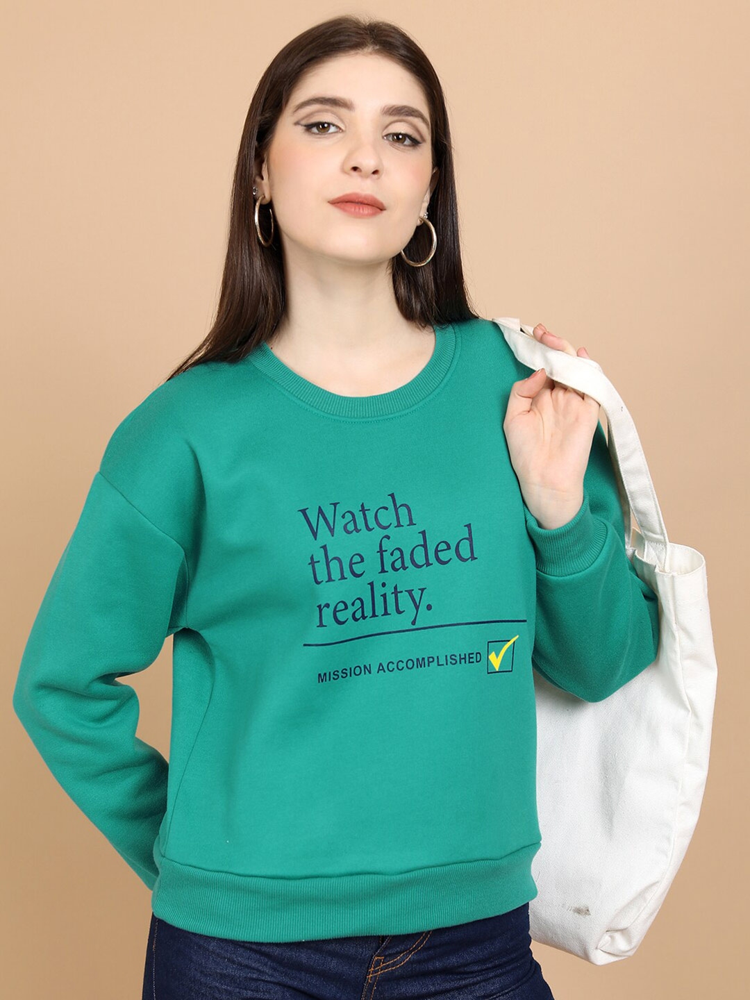 Tokyo Talkies Teal Typography Printed Long Sleeves Pullover - Sweatshirts for Women 25896960 | Myntra