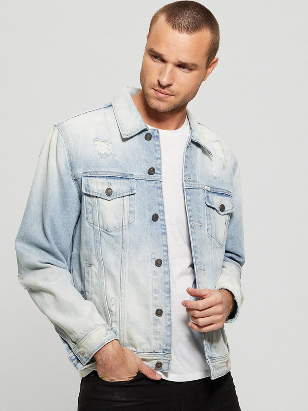 GUESS Spread Collar Washed Pure Cotton Denim Jacket