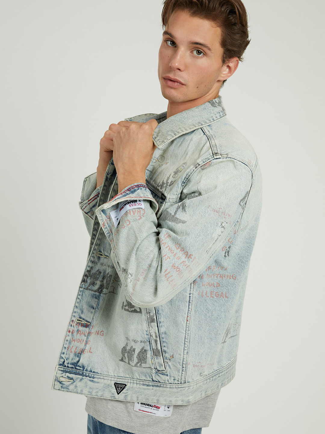 GUESS Spread Collar Washed Pure Cotton Denim Jacket