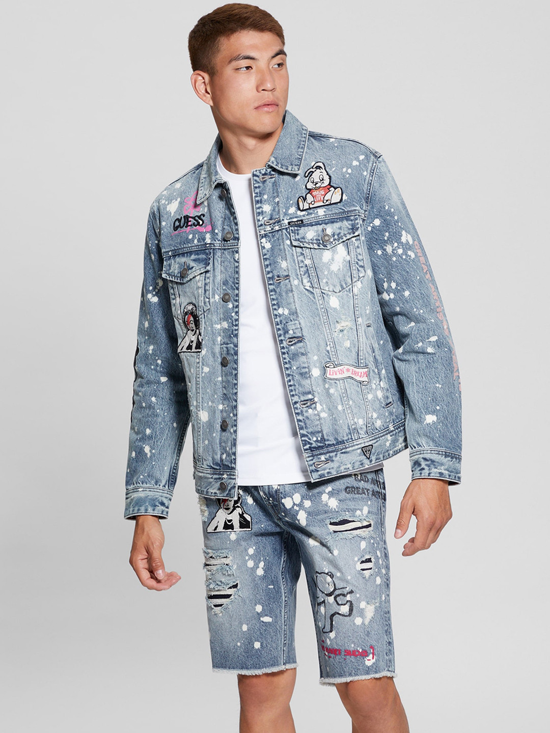 GUESS Spread Collar Graphic Printed Pure Cotton Denim Jacket