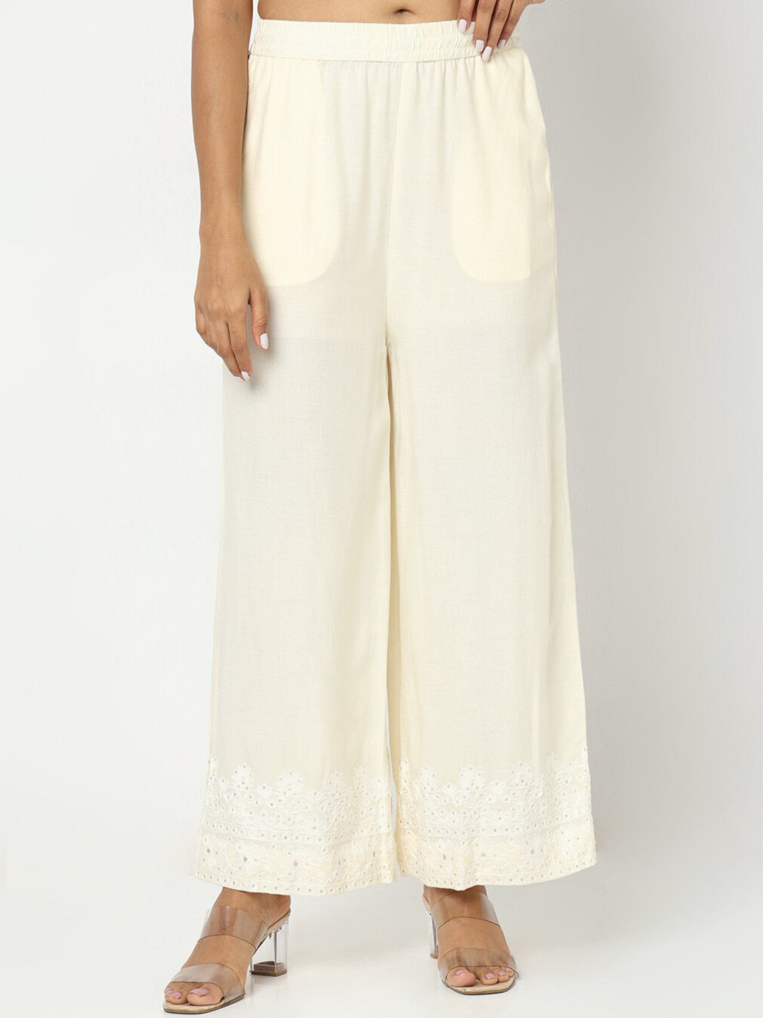 Ethnicity Embroidered Hem Mid Rise Flared Palazzos