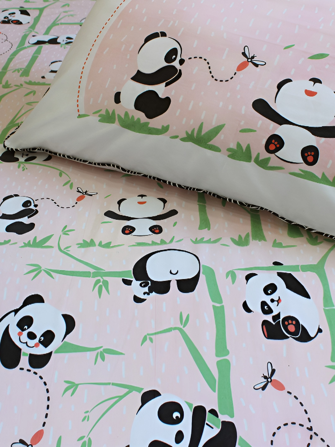 Silverlinen Pink & Black Panda Pure Cotton 240 TC Single Bedsheet With 1 Pillow Cover