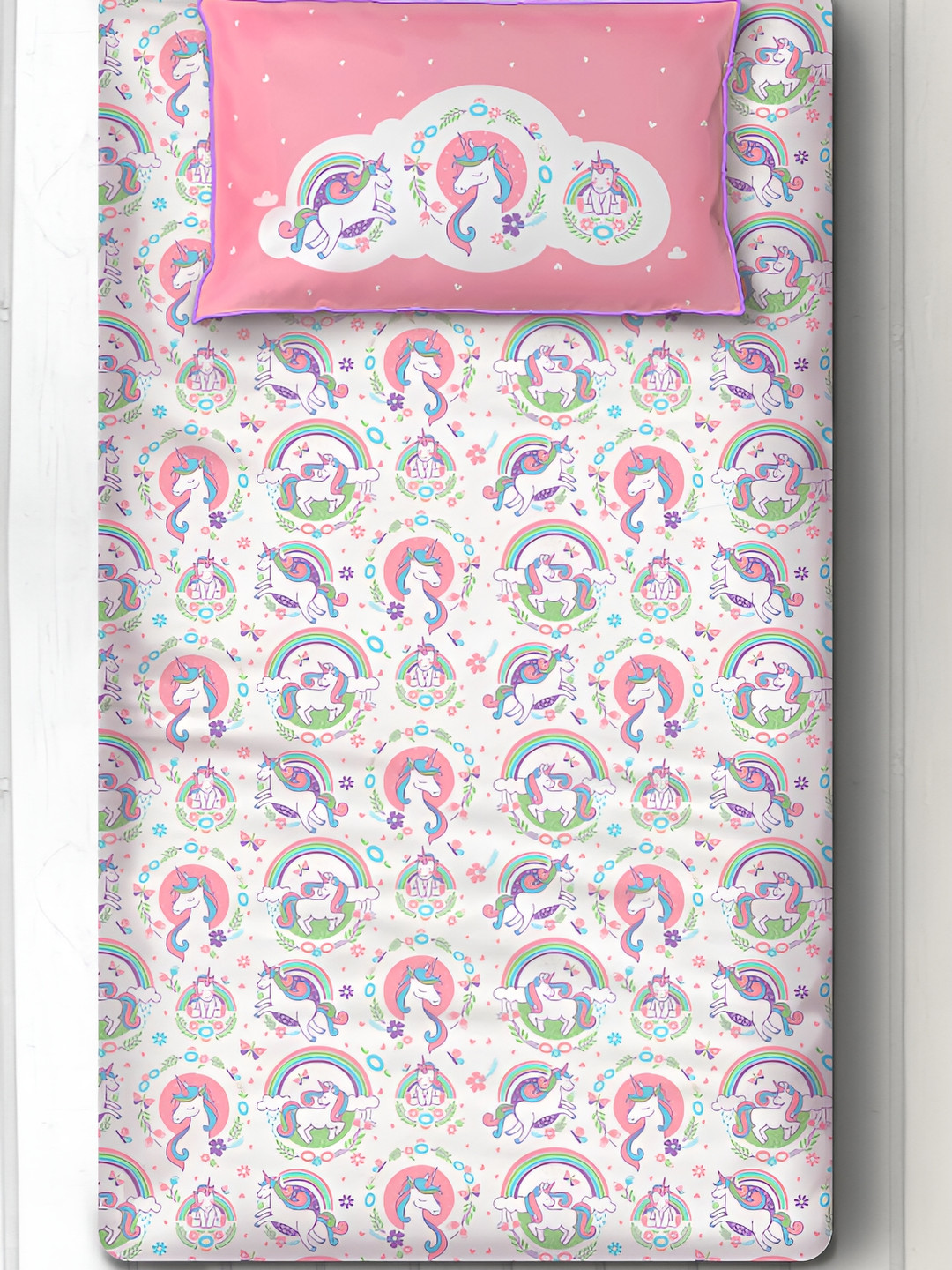 Silverlinen White Cartoon Characters Pure Cotton 240 TC Single Fine Bedsheet with a Pillow Cover-58 x 89 inches