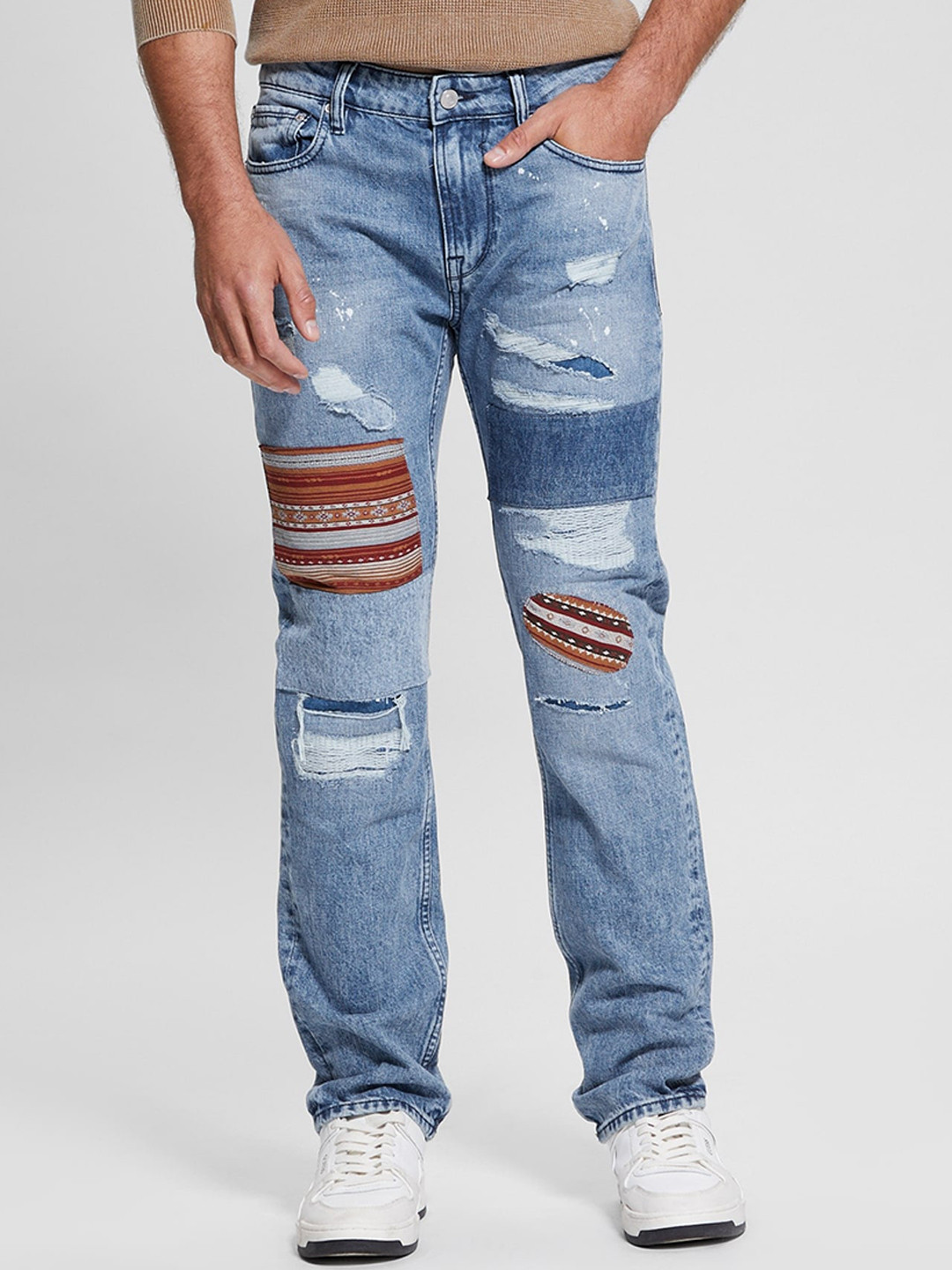 GUESS Men Slim Fit Highly Distressed Patchwork Heavy FadeLow-Rise Pure Cotton Jeans