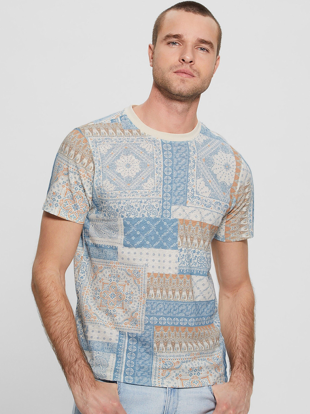 GUESS Ethnic Printed Cotton Linen T-shirt