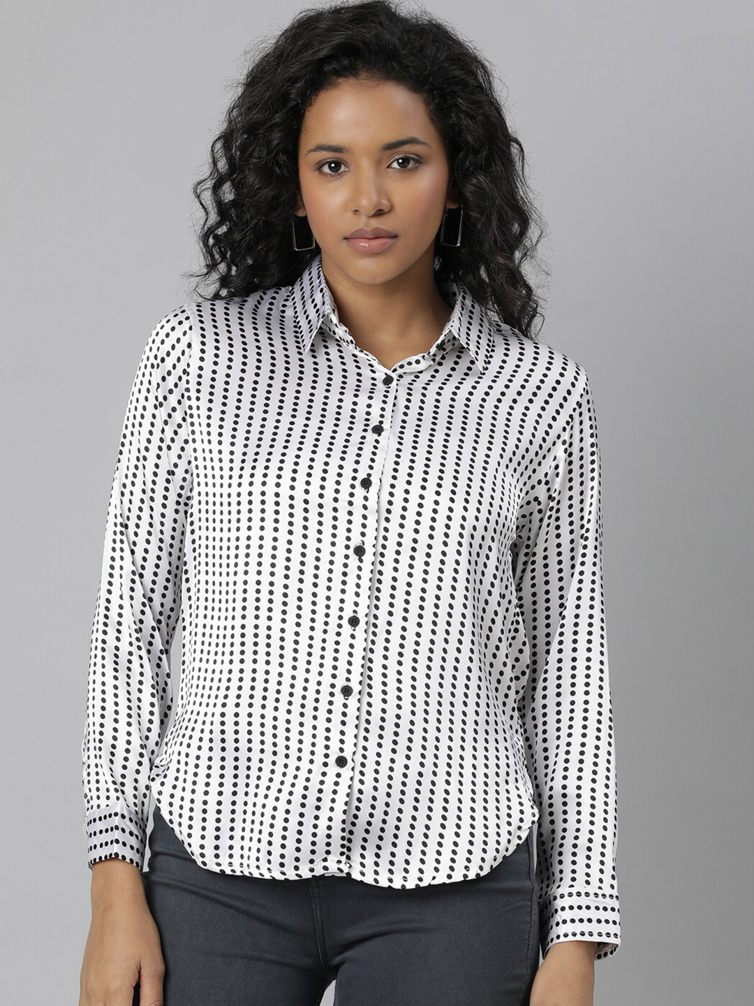 White & Black Polka Dots Regular Fit Casual Shirt